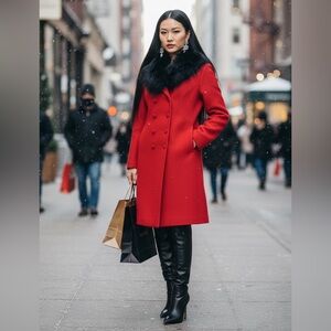 Vintage red wool jacket with faux fur collar kick slit at back warm stunning S/M